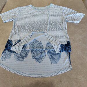 Women's Blue Graphic Wording  Short Sleeves Tee-Shirt with Navy Roses Accent LGE